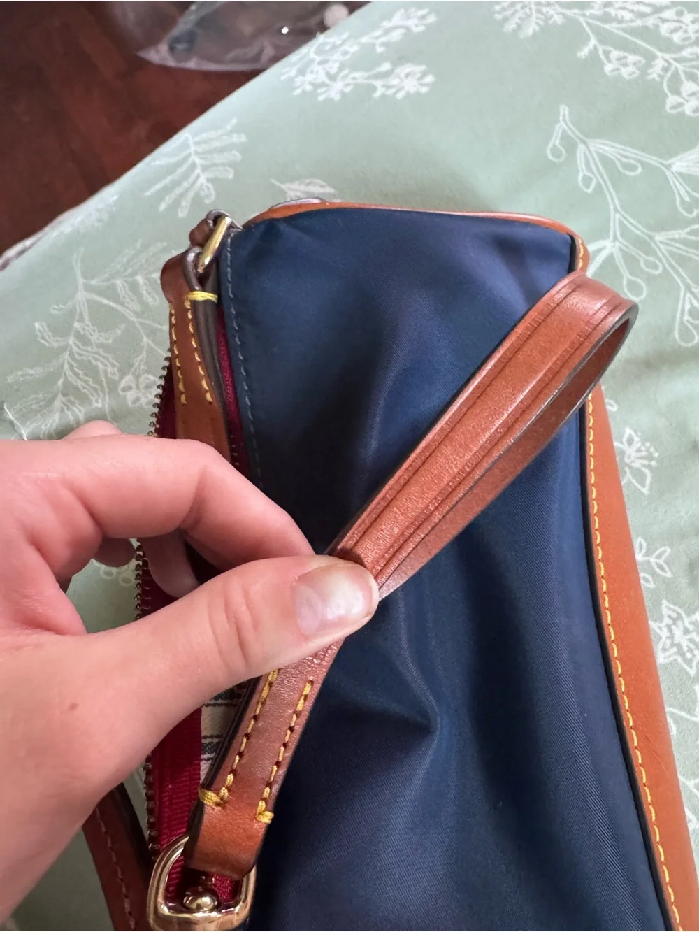 Dooney & Bourke Navy and Brown Leather-Trim Wristlet with Pink Zip